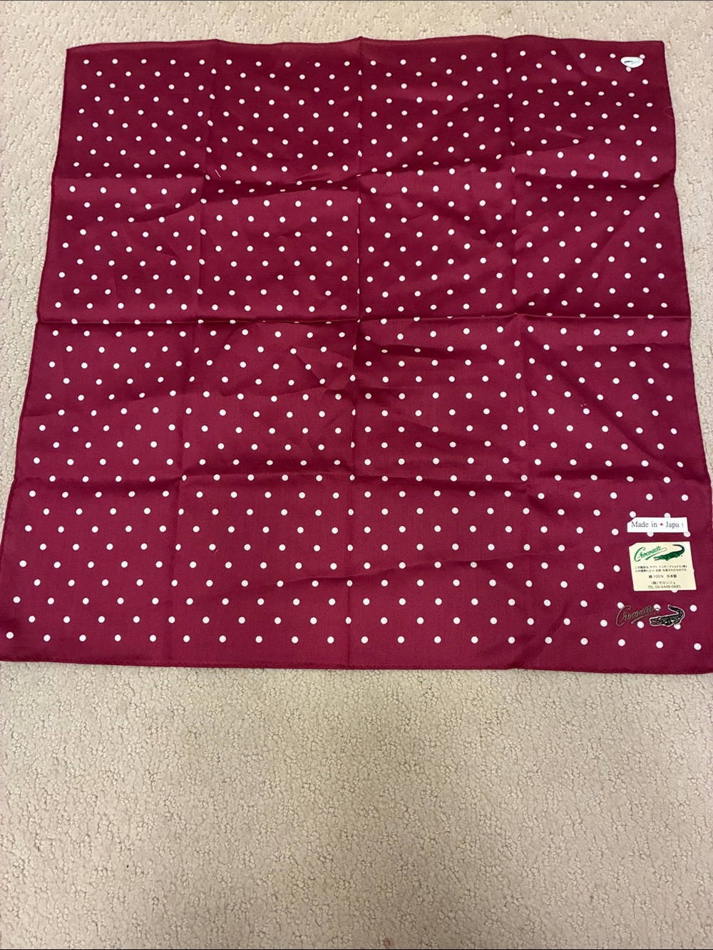 Crocodile Vintage Polka Dot Cotton Handkerchief Burgundy Red White Japan👝